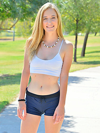FreeKiloPorn presents: Sporty blonde babe Dakota strips her clothes and flaunts her hot body outdoors